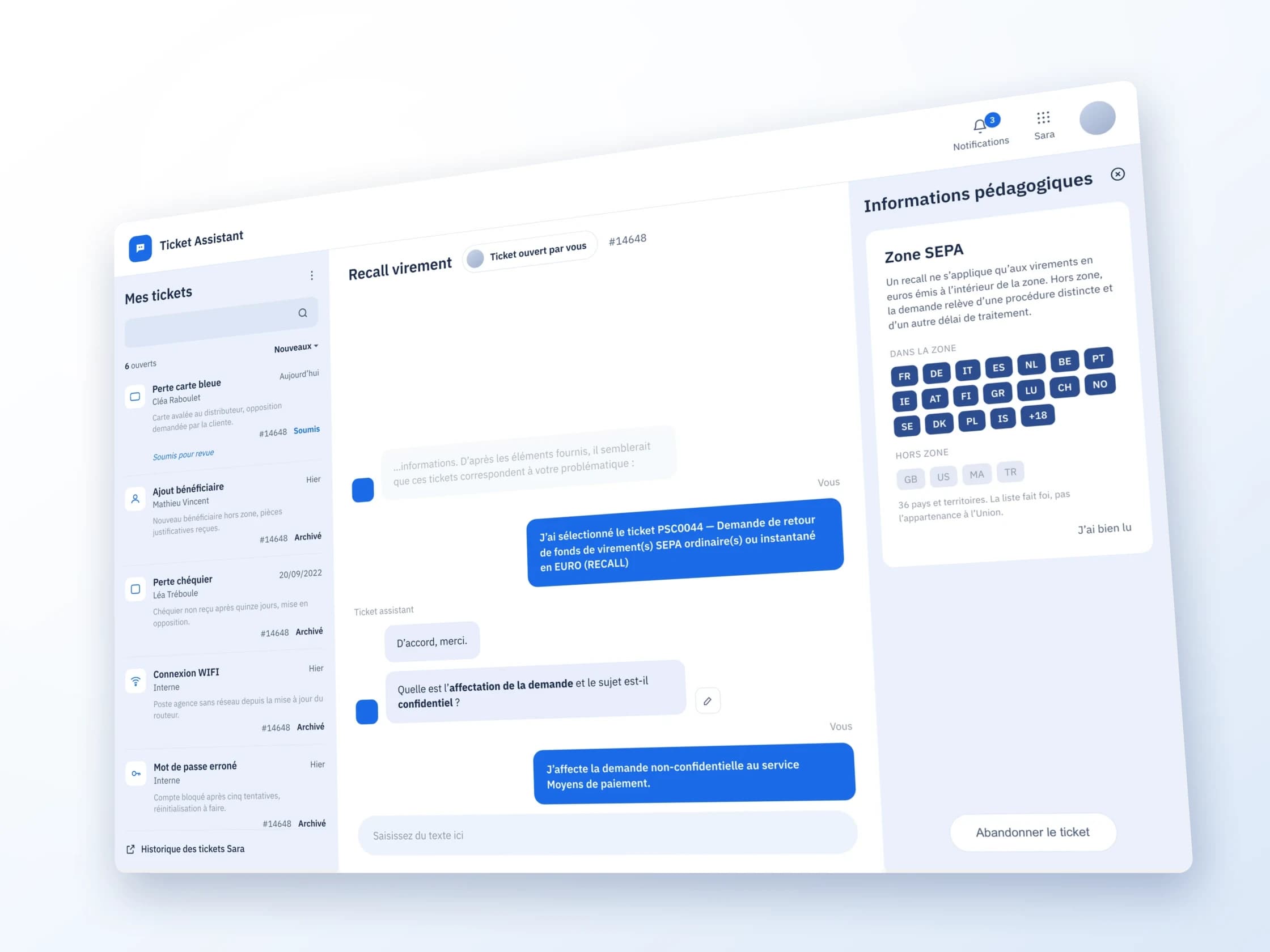 The assistant in the agent screen: the queue on the left, the conversation on the open ticket, and the procedure it opens on the right