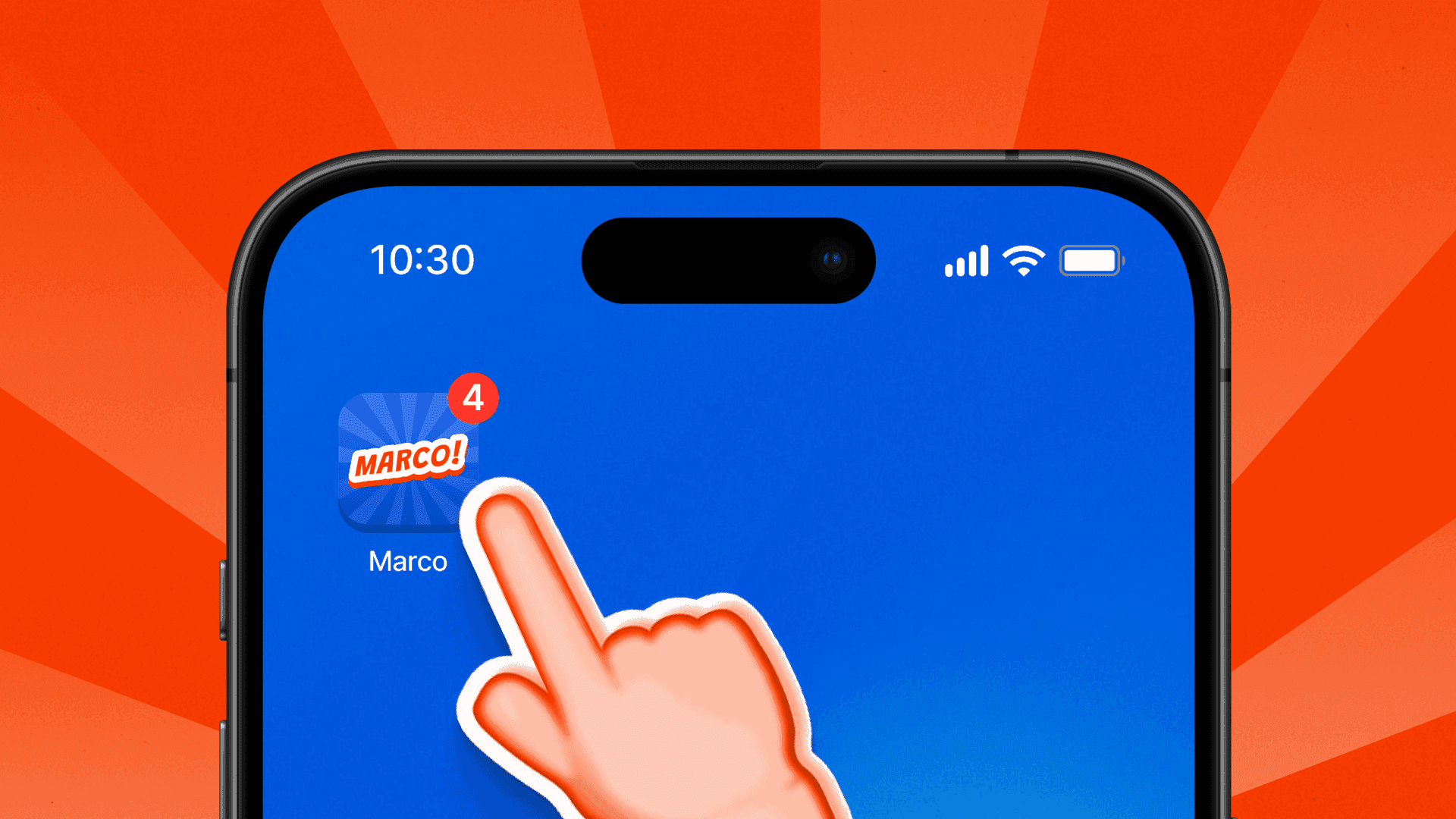 The MARCO! app icon on an iOS home screen, its badge showing four notifications