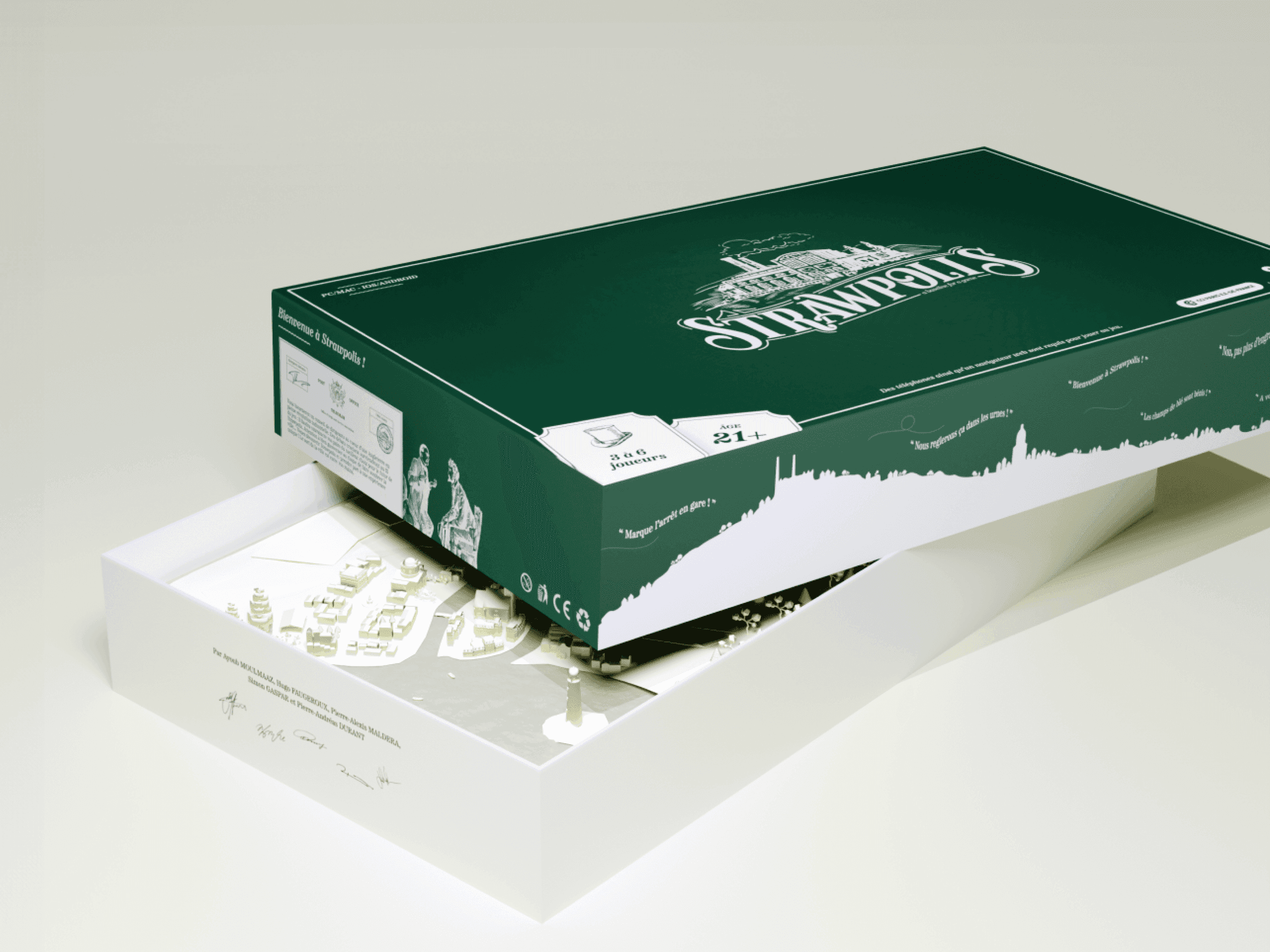 The Strawpolis board game box in forest green, shown open
